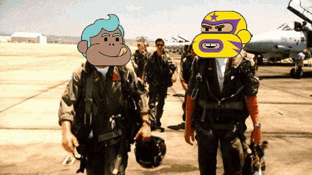 a cartoon of a monkey and a cartoon of a man with a purple mask
