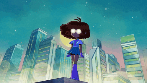 a cartoon of a girl standing in front of a city