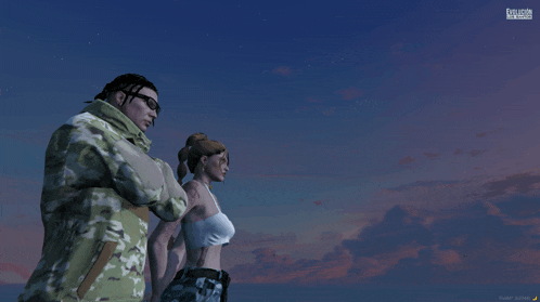 a man and a woman are standing next to each other in front of a blue sky with a futuristic logo on the bottom left