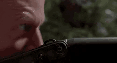 a close up of a man looking at a dinosaur in the grass .