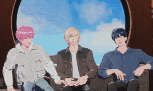 three anime characters sitting in front of a window with a blue sky in the background