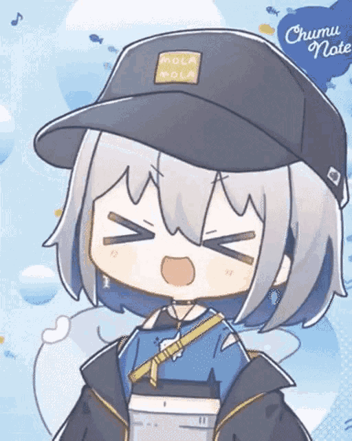 a cartoon girl wearing a black hat and a blue shirt is making a funny face .
