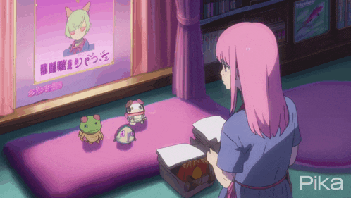 a girl with pink hair is reading a book in front of a screen with pika written on it