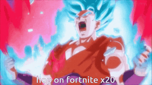 a cartoon character is screaming with the words hop on fortnite x20 written below him .