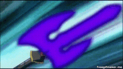 a purple sword is being held by a person in a cartoon .