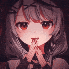 a girl with gray hair and red eyes has her hands folded