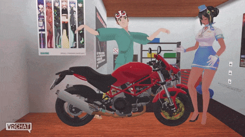 a man and a woman are standing next to a red motorcycle in a room that says vrchat on the bottom right