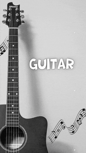 a black and white photo of a guitar with the word guitar below it