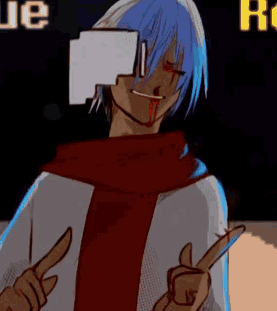 a cartoon character with blue hair and a red scarf is making a peace sign with his hands .