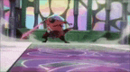 a cartoon character is standing on a purple rug in a room with a rainbow background .
