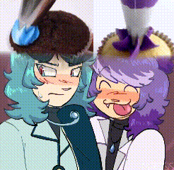 a couple of cartoon characters are standing next to each other and one of them is wearing a hat .