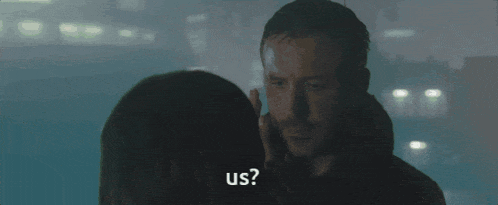 a man and a woman are looking at each other and the woman is asking " us "