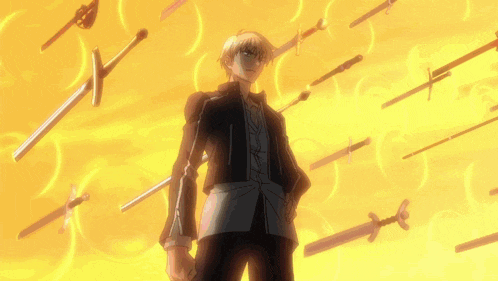 a man in a black jacket is holding a sword in front of a crowd of swords
