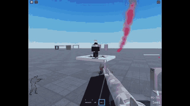 a screenshot of a video game with a red smoke coming out of a weapon
