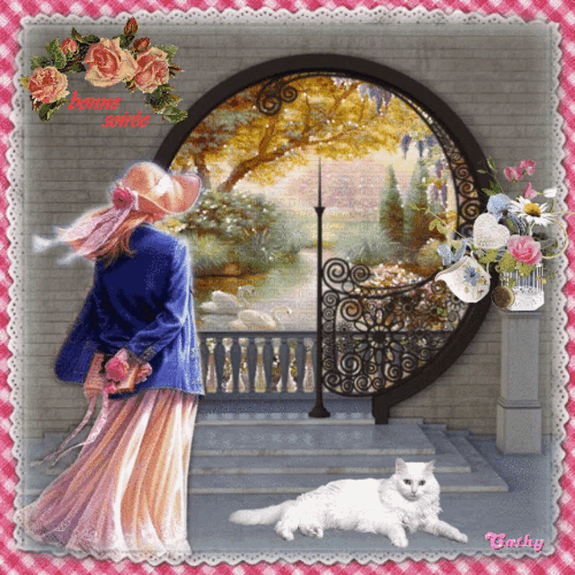 a painting of a woman standing in front of a window with the words bonne soir on top