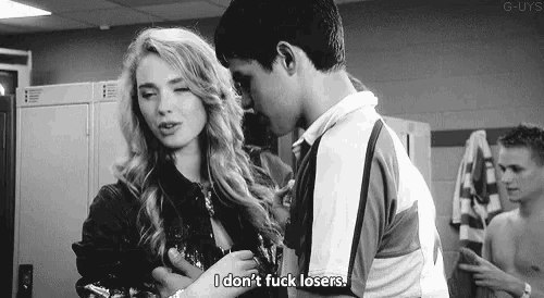 a man and a woman are in a locker room and the woman says i don t fuck losers .