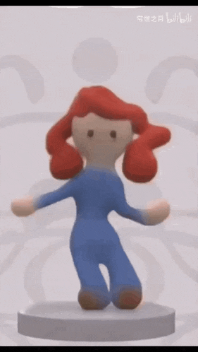 a cartoon character with red hair is dancing on a stand .