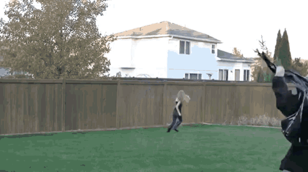 a woman is running in a backyard with a fence and a white house in the background