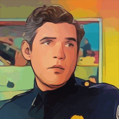 a cartoon drawing of a police officer with a yellow patch on his shoulder