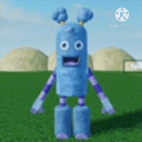 a blue robot with purple arms and legs is standing on a grassy field .