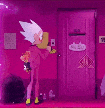 a cartoon character is holding a bouquet of flowers in front of a door that says mezu