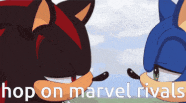 shadow the hedgehog and sonic the hedgehog are standing next to each other with the words hop on marvel rivals written below them