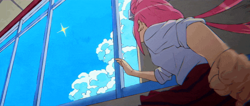 a girl with pink hair looks out a window at a star