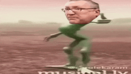 a cartoon of a man with glasses and a frog head is walking across a dirt field .