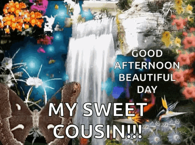 a picture of a waterfall with the words " good afternoon beautiful day my sweet cousin !!! "