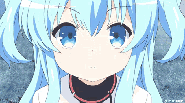 a close up of a blue haired anime character with glitterflames written in the bottom right corner