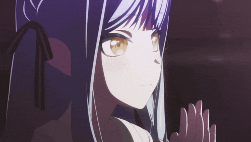 a close up of a girl with purple hair