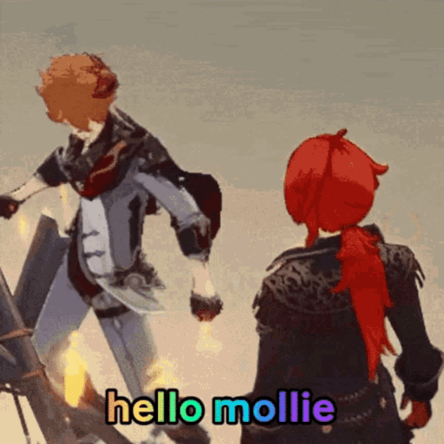 two anime characters are standing next to each other and the words hello mollie are above them