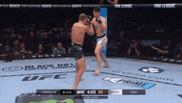 two men are fighting in a ufc ring sponsored by crypto.com and black rifle coffee compass