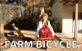 a person is riding a farm bicycle pulled by a horse .