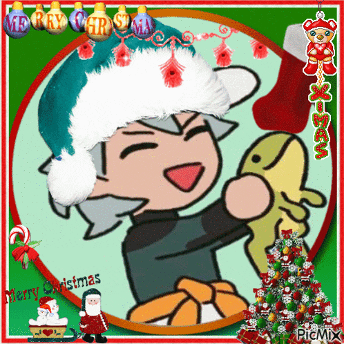 a merry christmas card with a cartoon character