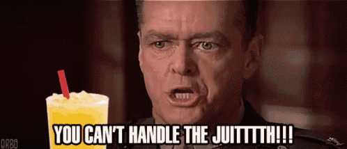 a man is holding a glass of orange juice with a red straw and says you can 't handle the juittth !!!