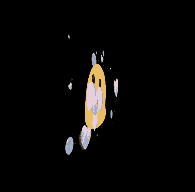 a yellow smiley face surrounded by bubbles and hearts on a black background