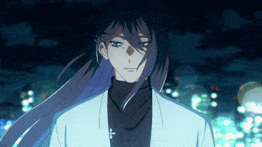 a man with long black hair is wearing a white coat