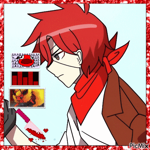 a cartoon of a man with red hair and a red scarf holding a spatula with blood on it