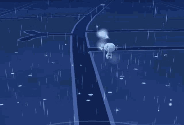 a cartoon character is walking down a street in the rain and says ' i 'm sorry ' on its face