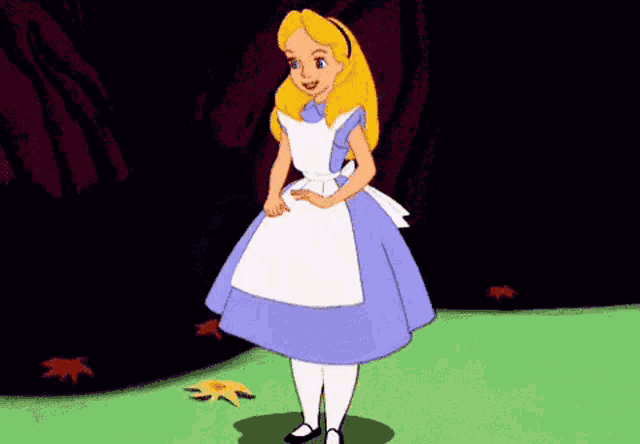 a cartoon of alice from alice in wonderland walking in a field .