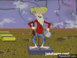 a cartoon of a man with a hat and beard standing on a scale