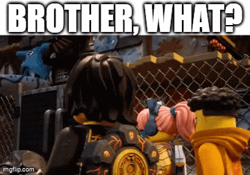 a group of lego characters standing next to each other with the words brother what written on the bottom