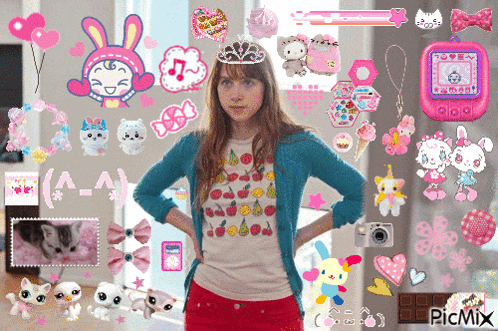 a girl with a crown on her head is surrounded by stickers and a picmix logo