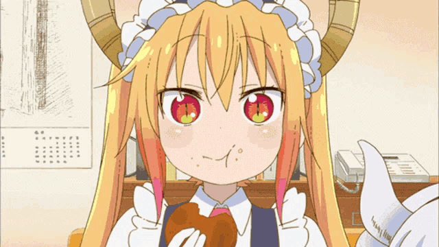a cartoon girl with horns is eating a bread