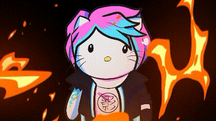 a cartoon drawing of a hello kitty with pink and blue hair standing in front of flames .