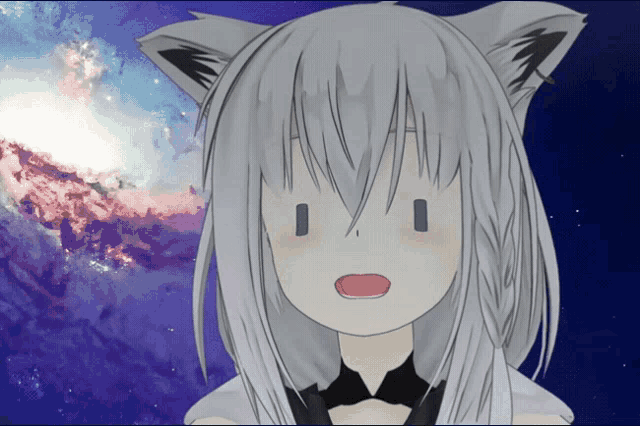 a cat girl with white hair and black ears