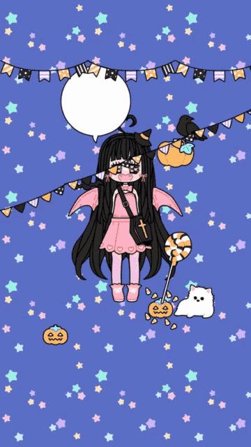 a girl in a pink dress holding a lollipop and a pumpkin