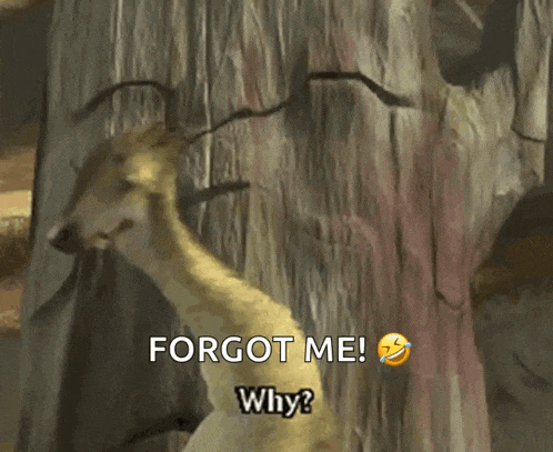 a cartoon character says " forgot me why ? " in front of a tree