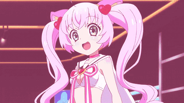 a pink and white anime girl with pigtails and hearts on her ears